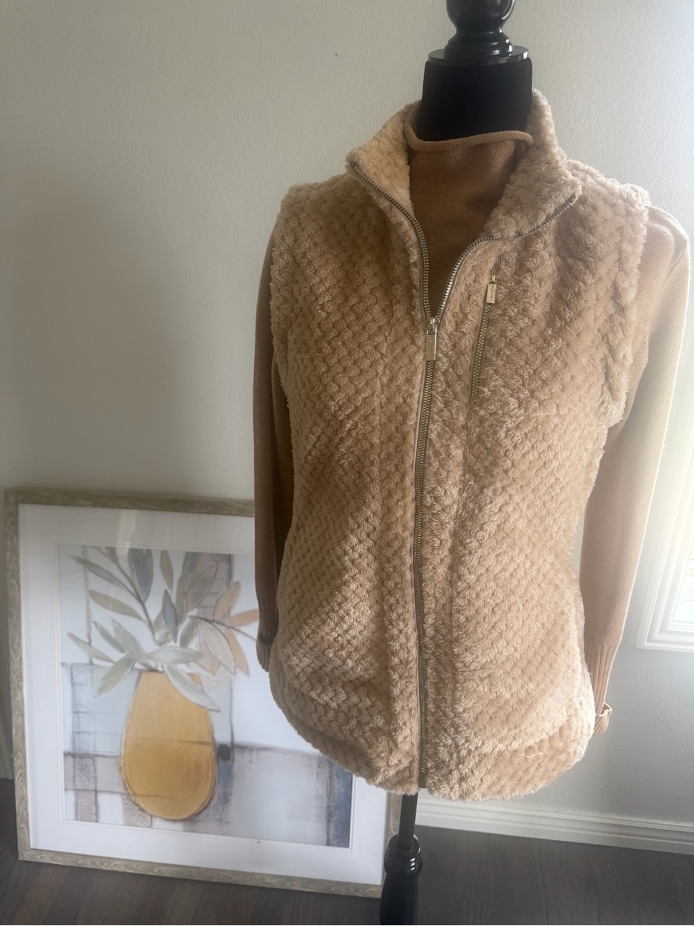 Calvin Klein Beige Plush Sherpa Zip Vest and sweater